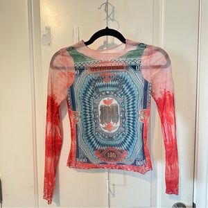 Red and Blue Graphic Long Sleeve Mesh Top